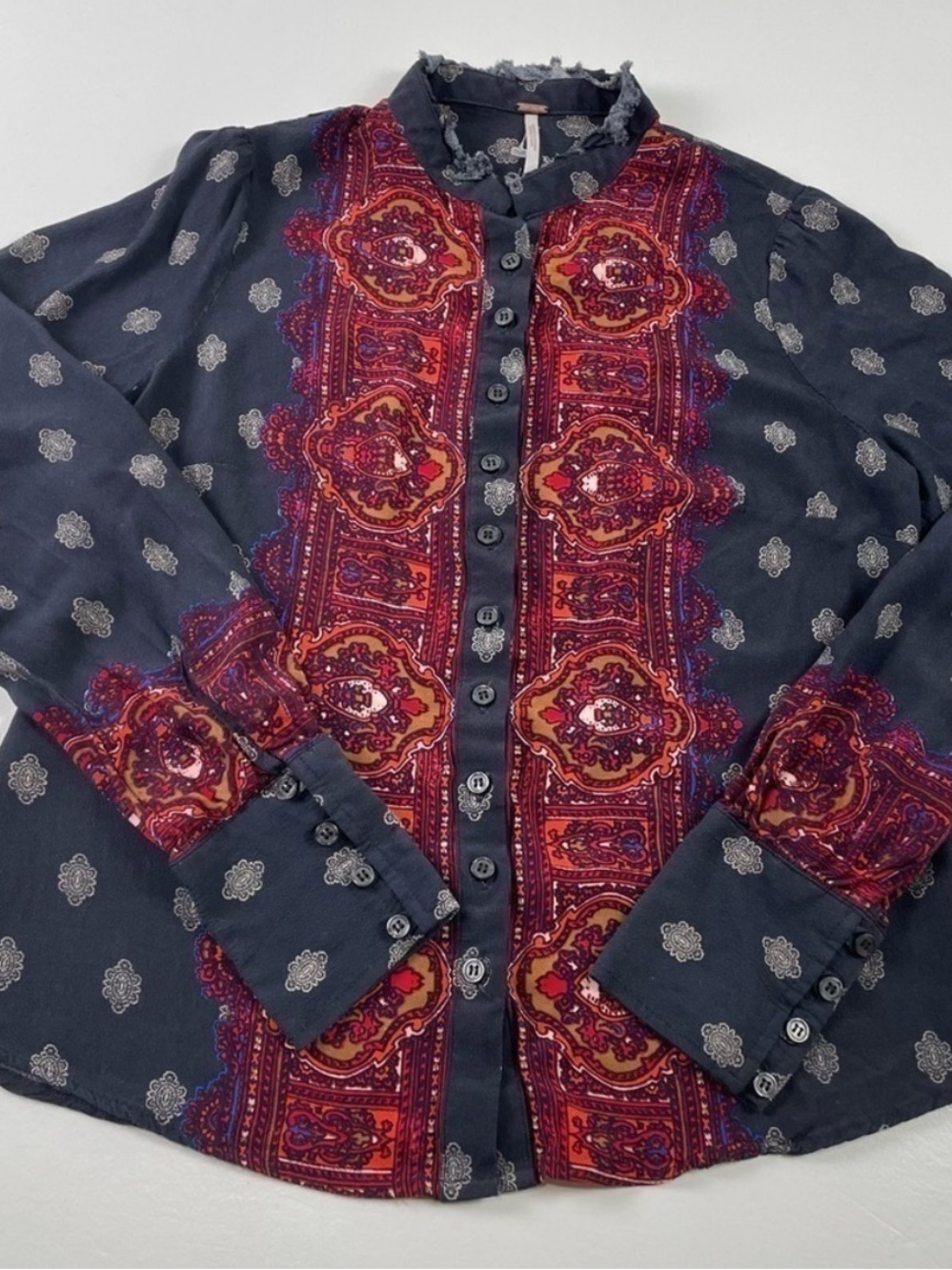 Free People Printed Ruffle Neck Button Front Blouse Women’s XS Boho Long Sleeve